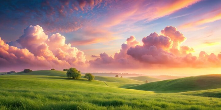 Softly glowing clouds float gently above a serene landscape of rolling hills and green grass, set against a calming pastel pink sky at dawn, peaceful atmosphere, sunrise
