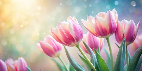 Obraz premium Delicate Tulip Blooms on Soft Pastel Background, spring flowers, soft focus