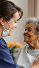 Fototapeta premium Smiling medical worker consulting mother of his patient, close-up, with white tones