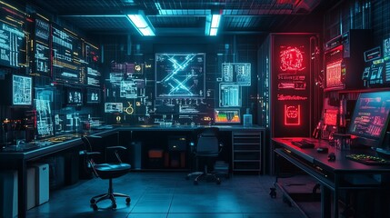 Obraz premium Futuristic Technology Control Room Displaying Complex Data On Multiple Screens in Neon Light
