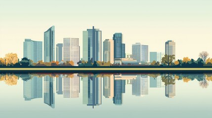 Fototapeta premium Modern Urban Skyline Reflection in Calm Water at Sunrise Dusk