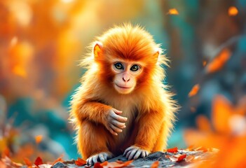 Fototapeta premium Adorable Golden Monkey Baby in Autumn Leaves
