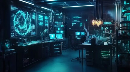 Futuristic Laboratory Interior with Glowing Screens and Scientific Equipment Displays
