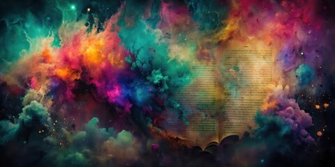 Fototapeta premium A Cosmic Manuscript An Open Book Reveals a Universe of Vibrant Nebulae and Starry Dust, Embracing the Mysteries of the Cosmos