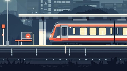 Modern Train Station at Night with Detailed Urban Background