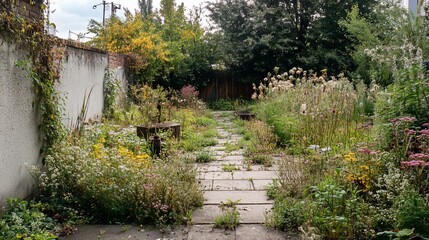 Overgrown backyard garden with stone pathway and colorful flowers on cloudy day