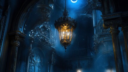 Elegant Vintage Lantern Illuminating Dark Enchanted Room Interior