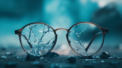 Broken eyeglasses with fractured lenses, laying on the ground, damage visual concept