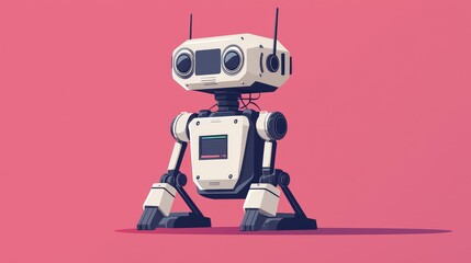 Vintage Style Cartoon Robot Character on Pink Background