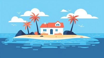 Fototapeta premium Tropical Island House with Palm Trees and Clear Blue Water