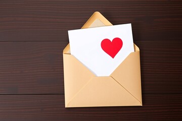 A tan envelope revealing a white card with a red heart symbol, placed elegantly on a wooden surface