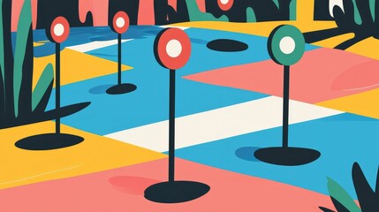 Colorful Abstract Scene with Markers on a Vibrant Ground Surface