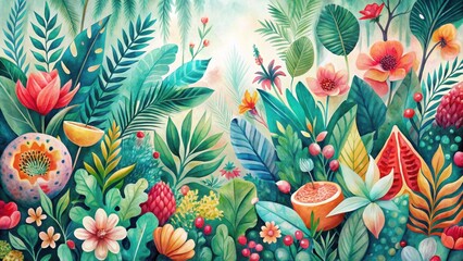 Obraz premium Vibrant Tropical Paradise A Lush Garden of Exotic Flowers, Plants, and Fruits, Overflowing with Rich Colors and Exquisite Details