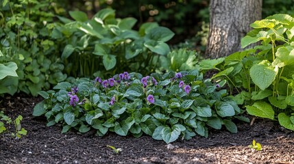 A patch of vibrant purple flowers nestled amongst green foliage in a garden setting