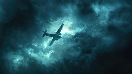 Naklejka premium Dark Stormy Sky with Airplane Flying Through Ominous Clouds