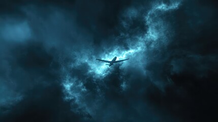 Naklejka premium Airplane Flying Through Dark Stormy Clouds and Ethereal Lighting