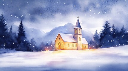 Winter's embrace: a serene snow scene with a church amidst a snowy landscape and mountains