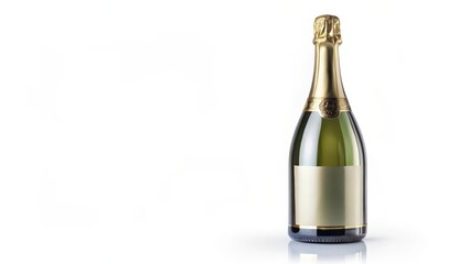 A luxurious bottle of champagne with a blank label isolated on a pristine white background, showcasing the elegant shape and sleek design of the bottle, champagne, beverage