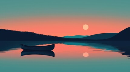 Serene Sunset Reflection on Calm Water with Single Boat Silhouette