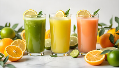 Fototapeta premium A clean and vibrant composition of fruit juices in glasses, surrounded by zesty citrus fruits and mint leaves for a refreshing, healthy vibe.