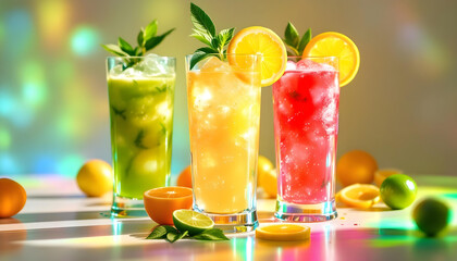 Fototapeta premium A clean and vibrant composition of fruit juices in glasses, surrounded by zesty citrus fruits and mint leaves for a refreshing, healthy vibe.