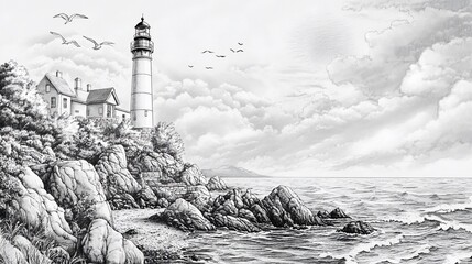 Detailed Pen and Ink Drawing of a Lighthouse on a Rocky Coast with Birds and Clouds