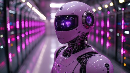 A white humanoid robot stands in a server room with purple lights.