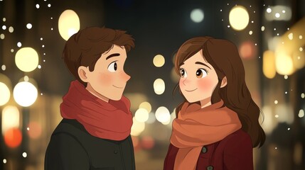 Cute cartoon couple looking lovingly into each other's eyes, with city lights reflecting in the background on their faces, a moment of celebration of Valentine's Day