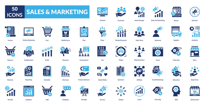 
Sales And Marketing fill icon collection set. includes business, marketing, strategy, management, customer, analysis, sales, growth, concept, technology