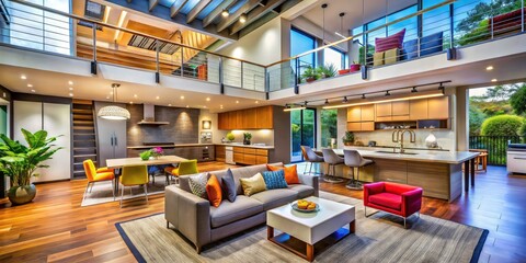 Obraz premium Modern Architectural Design of Open Living Space with Lofted Area and Functional Kitchen Layout in a Bright, Airy Environment