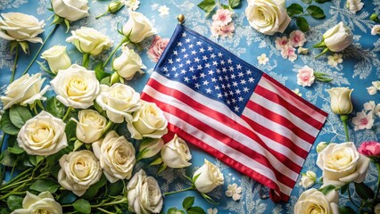 Obraz premium Aerial View of a Folded American Flag on a Blue and White Flag with White Roses â€“ Symbol of Patriotism and Elegance