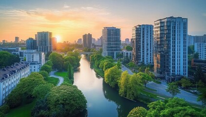 Fototapeta premium Wroclaw Aerial View at Sunset with Modern Skyline and Lush Greenery