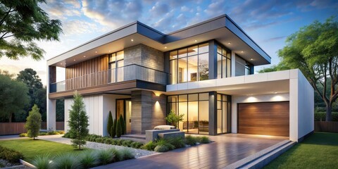 Fototapeta premium Modern Minimalist Two-Story House Exterior, Open Plan Design, Contemporary Home Architecture, Luxury Real Estate Photography