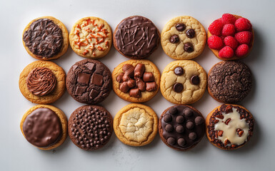 Delicious assortment of cookies with chocolate, nuts, and berries