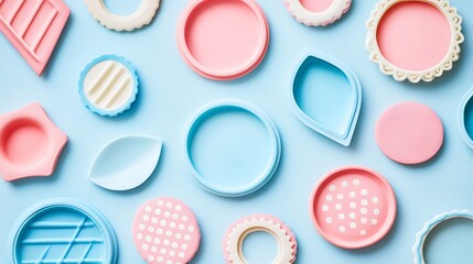 Fototapeta premium Pastel Colored Shapes and Cookies Arranged on a Blue Background