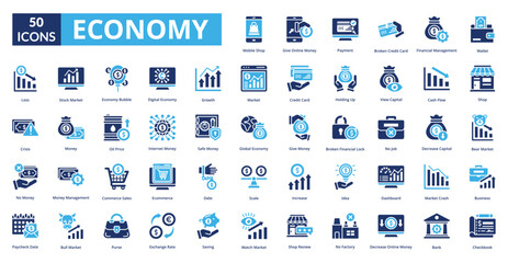 Economy fill icon collection set. Includes efficiency, money, saving, scheme, finance, system, conservation, control, elegance, action, budget