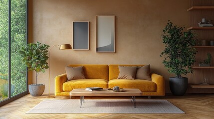Cozy living room interior design with mustard yellow sofa minimalist coffee table and floor lamp in Scandinavian style