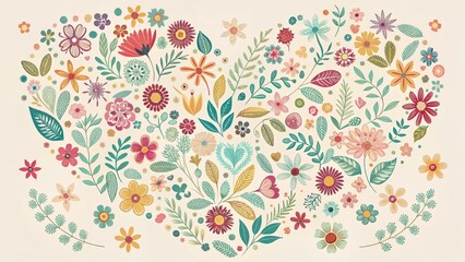 Seamless floral heart design on a cream background, with colorful and delicate illustrations of hearts in various shapes and sizes , romantic styles, decorative backgrounds