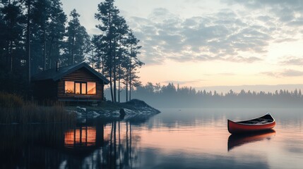 Fototapeta premium Serene Lakeside Cabin with Canoe at Dawn in Misty Landscape