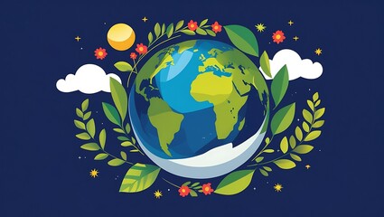 Earth encircled by vibrant green leaves and flowers