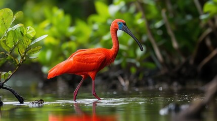 Scarlet ibis feeding in tropical wetlands nature lush environment
