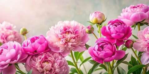 Fototapeta premium Colorful pink peonies in full bloom against a soft white background, with delicate greenery and subtle texture , texture, bloom