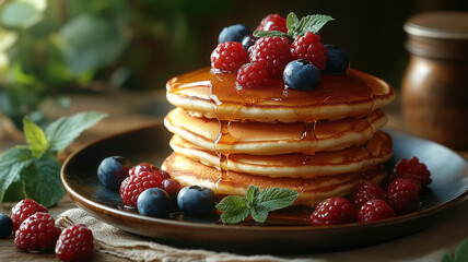 Delicious pancakes topped with fresh raspberries and blueberries, drizzled with syrup, evoke warm, inviting breakfast scene