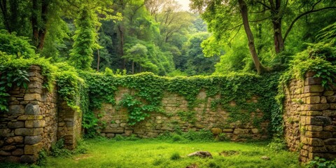Fototapeta premium Ancient stone wall surrounded by overgrown vegetation and lush greenery, foliage, natural world, foliage