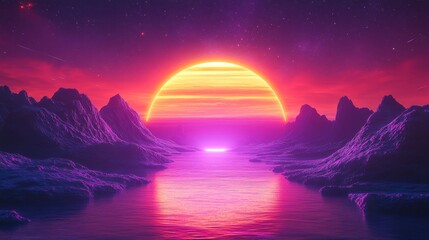 Fototapeta premium Retro Futuristic Sunset Over Purple Mountains and Calm Water