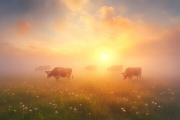 Cows graze in misty sunrise field, bathed in golden light. Perfect for agriculture, nature, or peaceful morning themes.