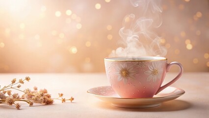 Fototapeta premium Aromatic Steam Rising from a Delicate Pink Teacup with Floral Design on a Serene Setting