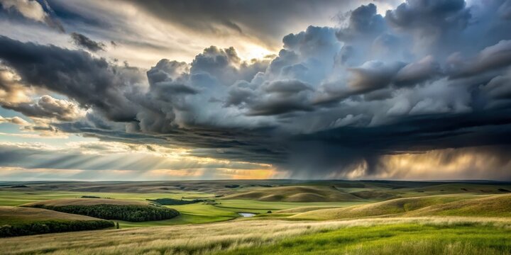 Dark grey storm clouds gather over rolling hills in Saskatchewan prairie landscape, with sun peeking through the gap in the clouds
