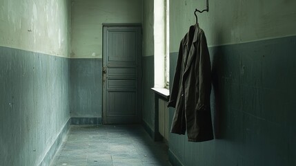 Abandoned Corridor with a Hanging Coat in an Empty Building