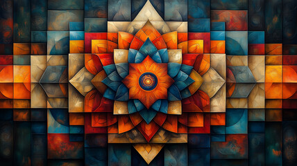 Fototapeta premium Vibrant geometric pattern with intricate shapes and warm colors, creating mesmerizing visual effect